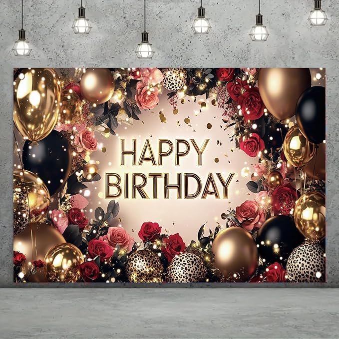 Red and Black Rose Happy Birthday Backdrop Banner Gold Balloon Photography Background Women Birthday Party Decorations Elegant Floral Birthday Supplies Photo Booth Props 71x43 Inch