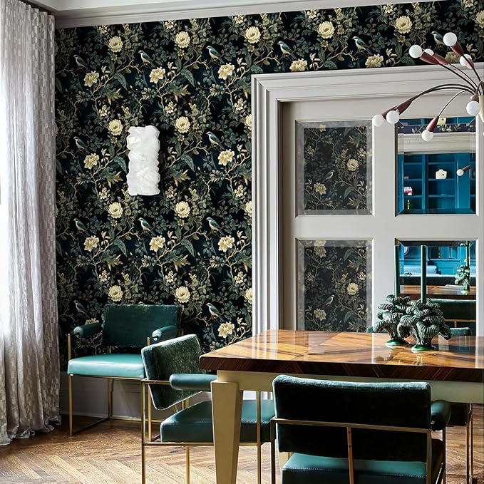 Dark Floral Peel and Stick Wallpaper Vintage Floral Contact Paper 16.9inchx118.1inch Flowers Bird Wallpaper Peel and Stick Boho Leaf Self Adhesive Removable for Bathroom Wall Paper Decor