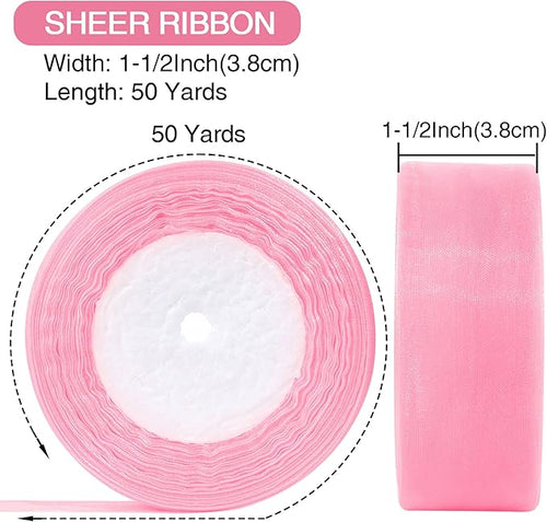 1-1/2 Inch x 50 Yards Sheer Organza Ribbon Chiffon Ribbon for Gift Wedding Flower Bouquet Wrapping Decorations Crafts (Light Pink)