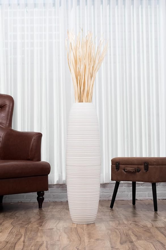 Leewadee Large 34″ Tall Floor Vase, White - Handcrafted Mango Wood for Pampas & Dried Stems