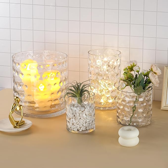 6" Wide 6" High Decorative Glass Cylinder Vase with Dimpled Circle Pattern, 8 Inch Tall, Clear (1, 6"x6")