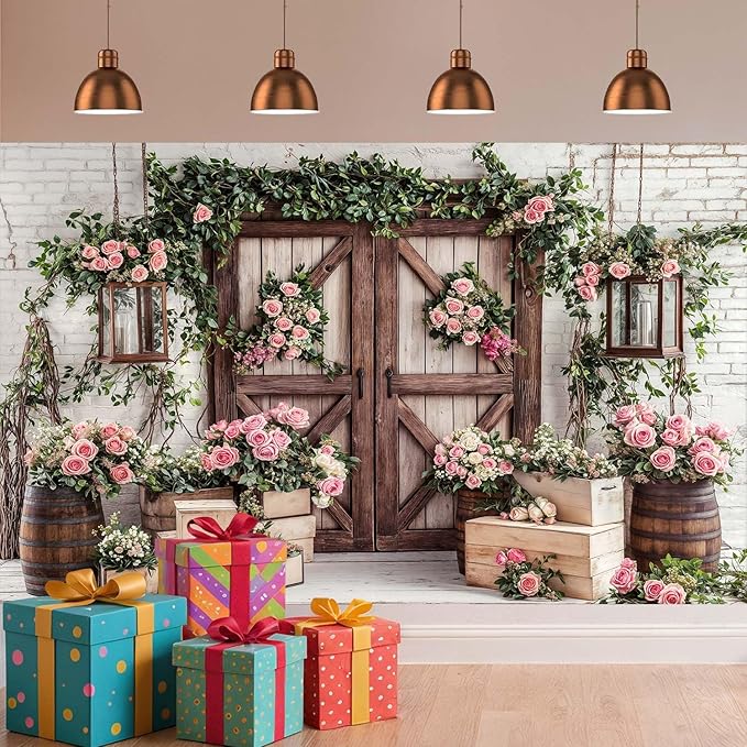 7x5ft Country Wedding Photography Backdrop Floral Rustic Roses Farmhouse Wooden Door Backdrop Pink Flower Birthday Baby Shower Wedding Bridal Party Banner Photo Booth Props Anniversary Background