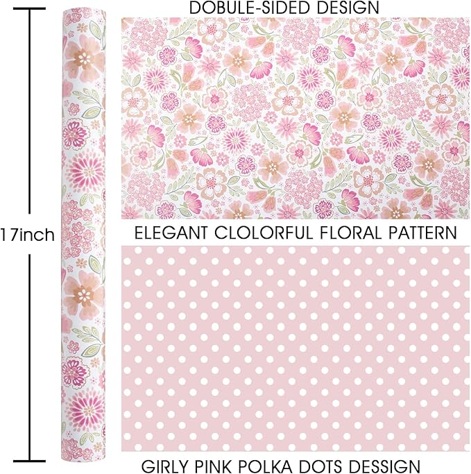 MAYPLUSS Pink Gift Wrapping Paper, Reversible Mother's Day Wrapping Paper, Romantic Pink Floral Premium Girl Gift Wrap Paper for Wedding, Bridal Shower, Valentine's Day, Birthday, (17Inch X 33Feet)