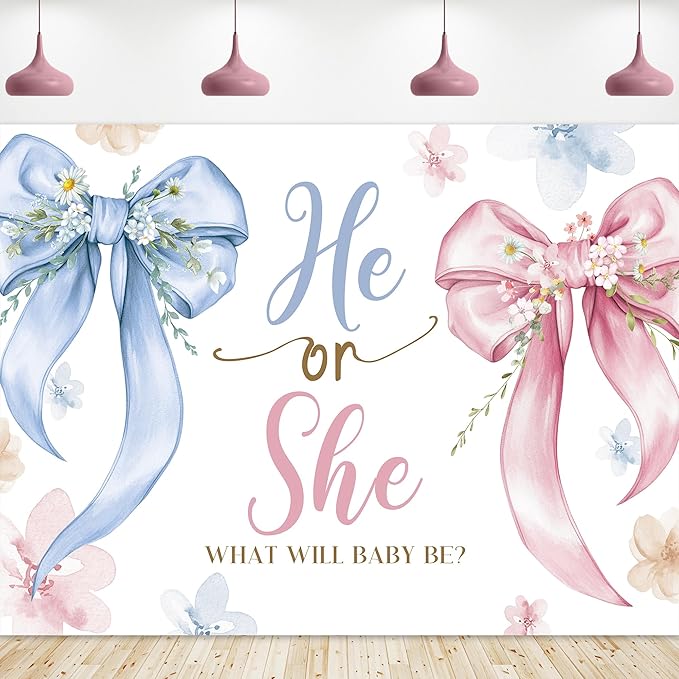 Riyidecor Gender Reveal Backdrop Polyester Fabric Bow Watercolor Floral What Will Baby Be 8Wx6H Feet Pink Blue He or She Baby Shower Floral Leaves Photography Background Newborn Photo Studio Shoot