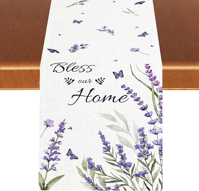 Purple Floral Table Runner, Spring Summer Watercolor Lavender Flower Wildflower Country Farmhouse Coffee Table Center Decor for Home Kitchen Dining Patio Holiday Party Table Decorations 13x36 inches