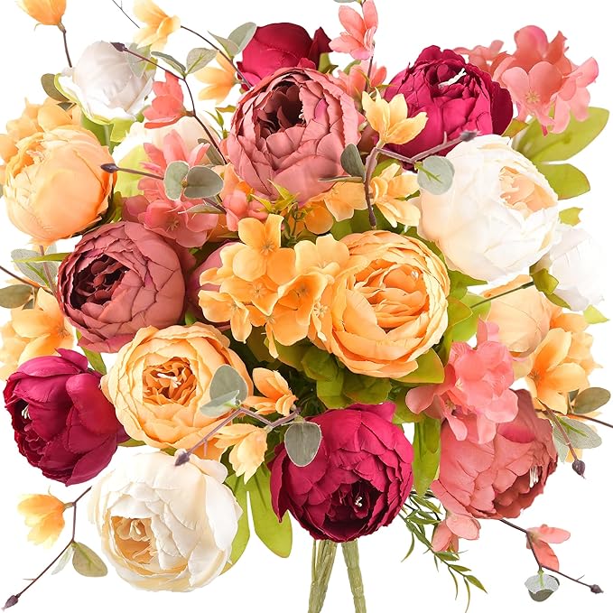 FiveSeasonStuff Vintage Artificial Peonies Silk Flowers and Hydrangeas for Wedding Bridal Home Décor – Beautiful Floral Centerpiece Arrangement Decoration with 2 Bouquets (Country Delightful)