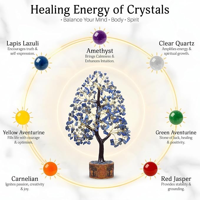 FASHIONZAADI Lapis Lazuli Crystal Tree of Life - Chakra Natural Handmade Gemstone Tree, Feng Shui Crystal Decoration, Money Spiritual Gift, Healing Crystal Chakra Decor