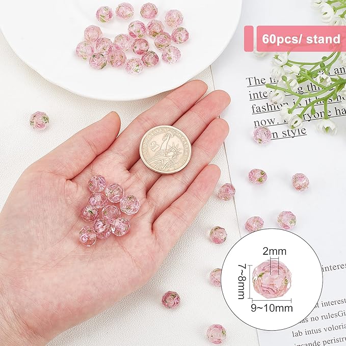 PH PandaHall 60pcs 8~10mm Pink Rose Lampwork Beads Gold Sand Glass Beads Flower Glass Beads 1.5~2mm Hole Floral Handmade Lampwork Beads Round Loose Beads for Rosary Making Jewelry Craft Making