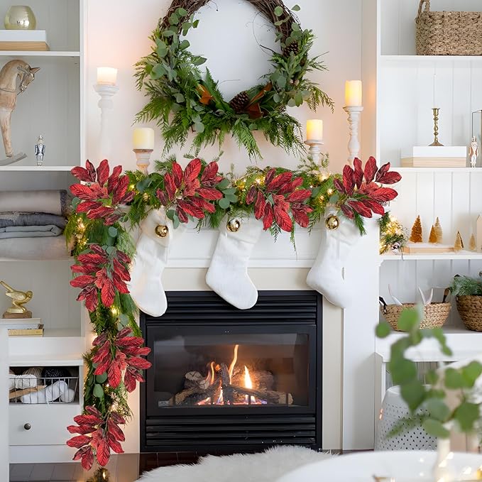 31" Burgundy Christmas Glitter Leaves Spray, Artificial Glitter Long Stems Christmas Tree Picks and Sprays Christmas Decoration Picks Xmas Tree Garland Wreath Autumn Winter Home