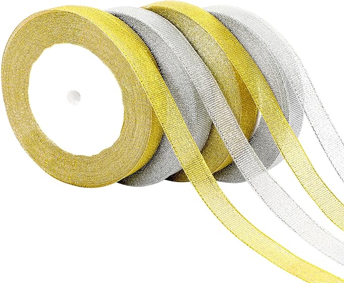 DECYOOL 4 Rolls 100 Yards Christmas Satin Ribbons 15mm Wide Holiday Craft Ribbons for Gift Wrapping and Xmas Decoration, Gold & Silver
