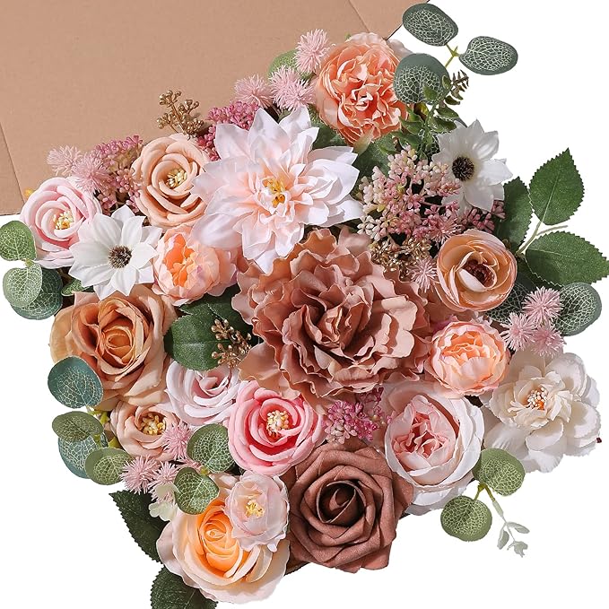 Serra Flora Artificial Flowers Combo Box Set Faux Flowers Bulk Flower Leaf with Stems for DIY Wedding Bouquets Centerpieces Baby Shower Party Home Decorations(Champagne Pink)