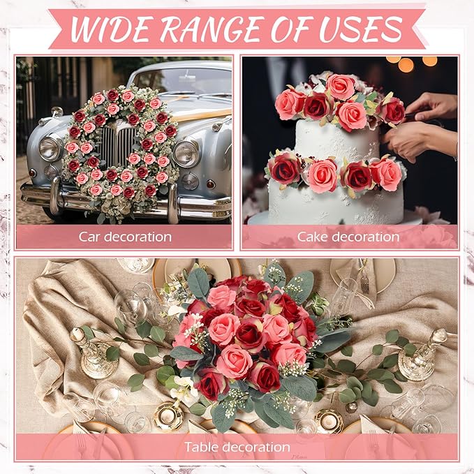 Zeyune 12 Pack Wedding Bridesmaids Bouquets 7 Inch Artificial Rose Bouquets Silk Flowers with Stems Fake Floral Bundles Bulk for Wedding Bridal Shower Party Centerpieces Home Decor(Rose Red)