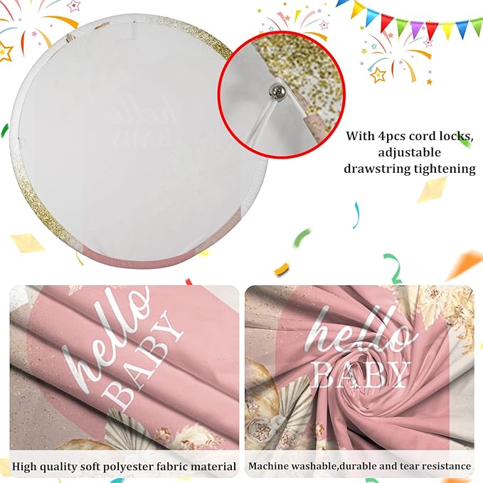 AOFOTO 3x3ft Boho Baby Shower Round Backdrop Cover Bohemian Chic Pink Arch Cover with Flowers Hello Baby Theme Photography Background Newborn Birthday Party Decorations Banner Photo Booth Props