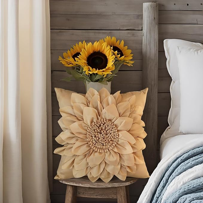 Bella's Giftshop 3D Sunflower Decorative Throw Pillow Covers for Bed Sofa Couch Car, Accent Floral Taffeta Cushion Cover, Handmade Pillow Cases Living Room Decor, 17x17 Inch-Gold