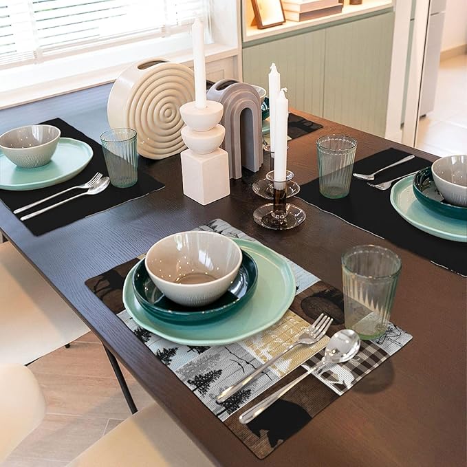 Rustic Lodge Bear Deer Placemats 6 Pcs,Vintage Cabin Pine Cone Plaid Place Mats,Linen Dining Table Mats Home Kitchen Decor, 18 X 12 Inch 6 PCS, Style-22