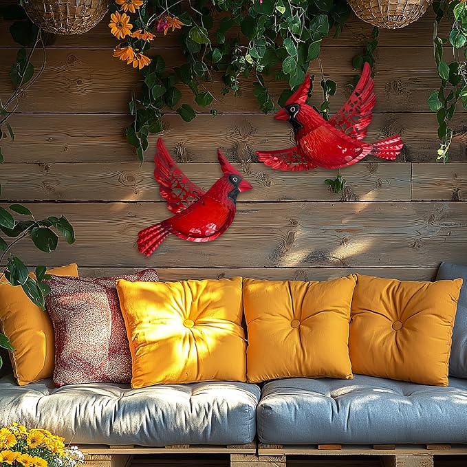 HONGLAND Metal Cardinal Wall Art 12inch Metal Birds Wall Sculpture Garden Decoration Outdoor Statue Patio Fence Hanging Plaques 2 Pack