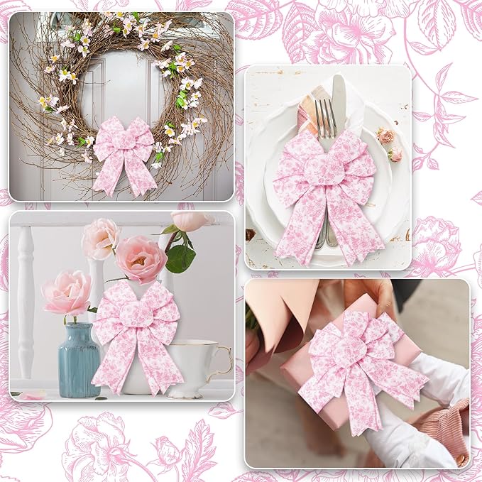 Floral Wired Edge Ribbon Roll Pink Flower Ribbon Chinoiserie Fabric Ribbon for Wreath Bow Making DIY Crafts Gift Wrapping, 12 Yard