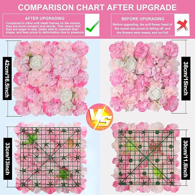 Flower Wall Backdrop 12 Piece of 16.5x16.5 Inch Floral Wall Panel Artificial Silk Rose Wall Decor Ideal for Wedding Celebrations, Festive Party Backdrops, and Home Decor-Pink