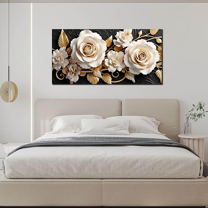 Flower Large Canvas Wall Art for Living Room Bedroom Home Office White and Gold Wall Art Blossom Picture Framed Wall Decor Modern Canvas Prints 24x48 In