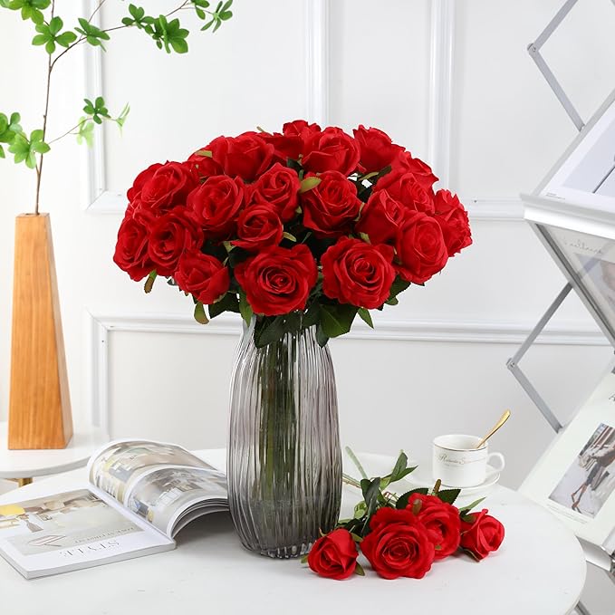Tifuly Red Roses Artificial Flowers - 12 pcs Realistic Long Stem Fake Roses Mashup Style Silk Flowers for Valentine's Day DIY Bouquets Wedding Centerpieces Arrangements Home Party Decor