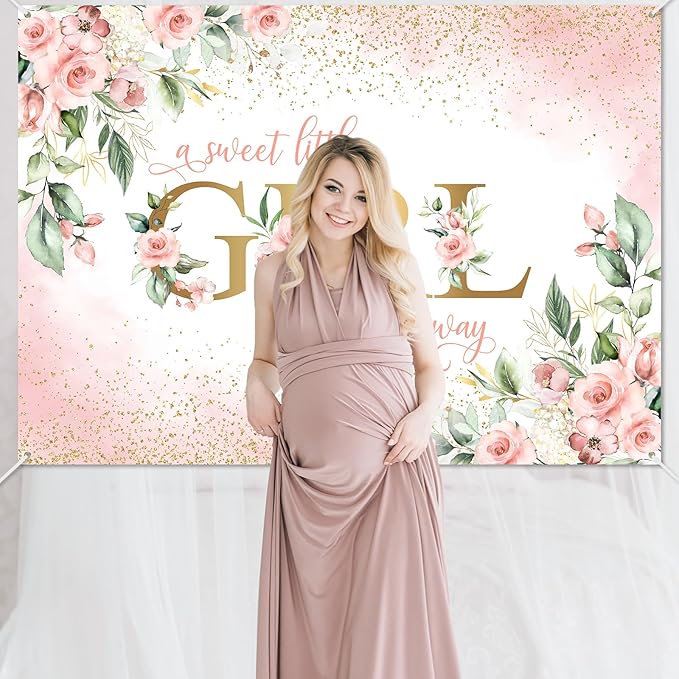 Avezano Girl Baby Shower Backdrop Pink Floral Sweet Baby Baby Shower Banner A Sweet Little Girl is on Her Way Party Decorations Banner (7x5ft)