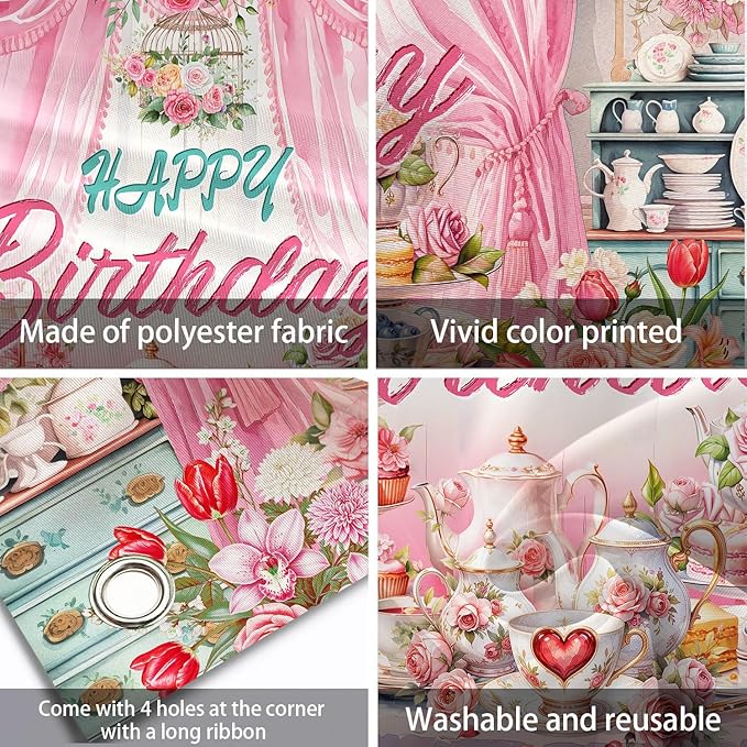 Tea Party Backdrop Let's Partea Happy Birthday Photography Background Wonderland Pink Rose Floral Teapot Women Tea Party Decor Banner Portrait Photo Booth Studio Props 7x5ft FU047YL