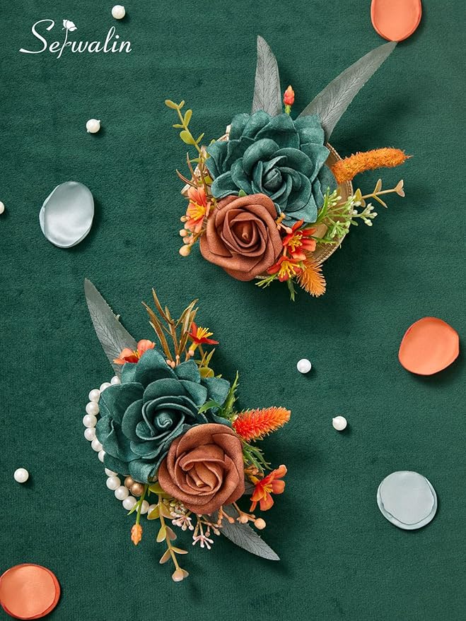 Serwalin Teal Orange Wrist Corsage and Boutonniere Set 2pcs, 6-7inch Boutonniere for Men, Corsage Wristlet Wristband Prom Flower Wedding Flowers Accessories Prom Suit Decorations