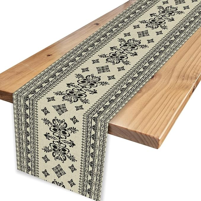 Black Floral Table Runner, Rustic Damask Antique Floral Retro Boho Art Linen Coffee Table Center Decor for Family Kitchen Farmhouse Holiday Party Table Decorations Indoor Outdoor 13x90 inch