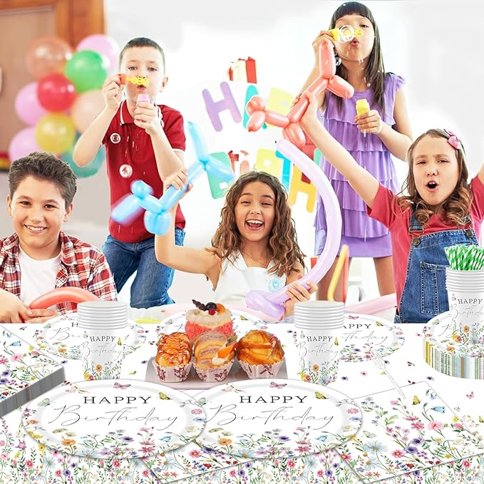 Wildflower Birthday Party Decorations for Girls Women, Banner Centerpieces Cupcake Toppers Tablecloth, Spring Floral Paper Plates Napkins Cups Forks Straws Supplies Serve 20