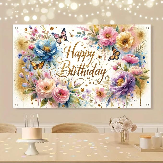 Floral Birthday Backdrop for Girls Spring Butterfly Happy Birthday Photography Background Pink Flower Blossom Plant Pastel Girls Lovely Princess Banner Photo Booth Studio 70.8 x 43.3 Inch