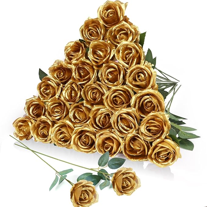 30pcs Fake Roses Artificial Silk Flowers Long Stems Bouquet for Wedding Bridal Shower Party Home Decoration (Gold)