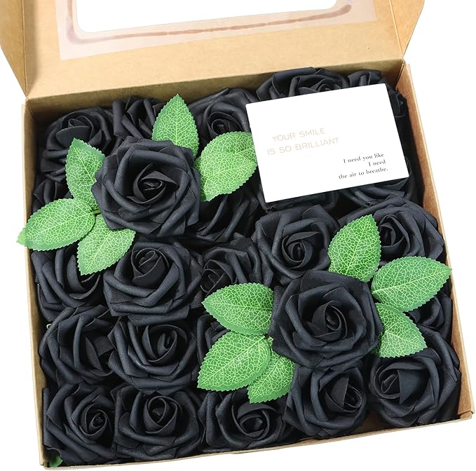 Meldel Artificial Flower 25pcs Real Touch Black Rose Fake Foam Roses with Stems for DIY Wedding Bouquets Gifts Bridal Shower Faux Floral Centerpieces Arrangements Home Party Tables Decorations