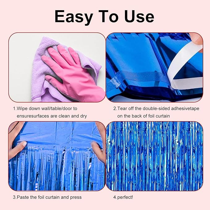 2 Pack 3.28 ft x 6.56 ft Blue Tinsel Curtain Party Backdrop Decorations, Metallic Foil Fringe Backdrop Door for Halloween, Christmas, Birthday Graduatio