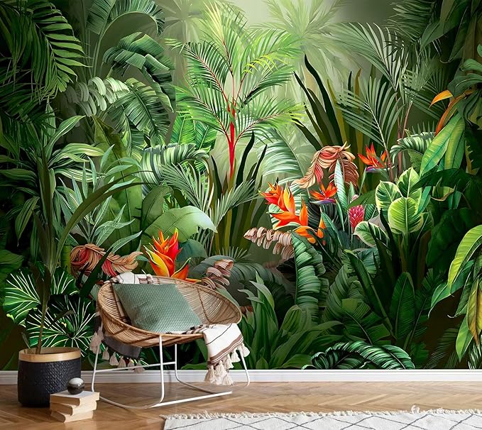 PYFFYP- Tropical Jungle wallppaper Green Leaf Jungle Wall murals for Bedroom(Not Peel and Stick)