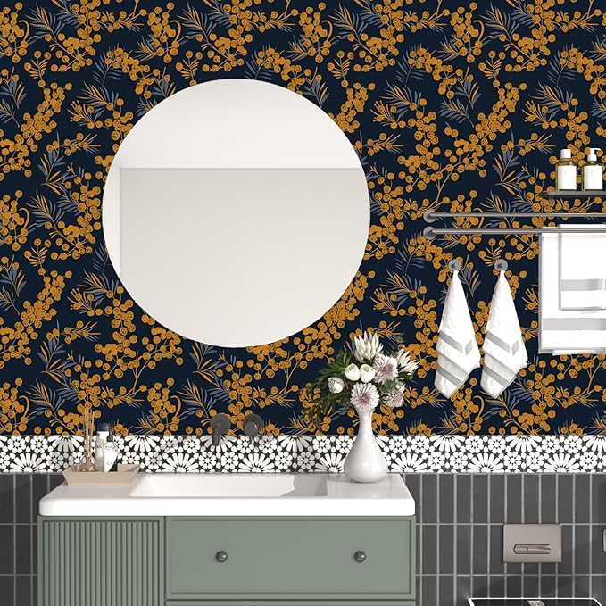 Boho Wallpaper Peel and Stick Leaf Wallpaper for Kitchen Vintage Contact Paper 17.5" x 393" Waterproof Vinyl Self Adhesive Dark Floral Wall Paper for Bedroom Walls Cabinet Locker Decor