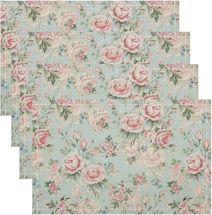 Pink Flowers Placemats Set of 8, 17x12 Inch Rustic Spring Floral Blossom Natural Romantic Table Mats for Home Party Kitchen Dining Decor