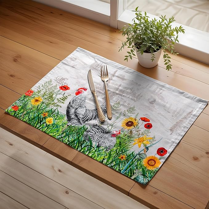 Maison d' Hermine Placemats Set of 4 100% Cotton Washable Cloth Place Mats, Reusable Table Mats for Kitchen Dining Decoration, Party, Wedding, Restaurant Spring/Summer (Basse Cour, 13" x 19")