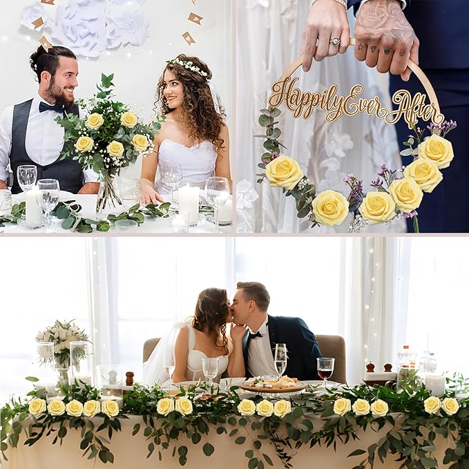 Artificial Flowers Creamy Yellow Roses 50Pcs Real Looking Foam Fake Roses with Leaves for DIY Wedding Bouquets Bridal Shower Party Decorations (Creamy Yellow, 50)