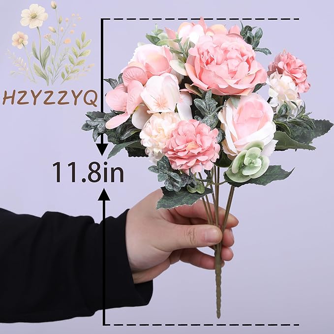 2 Pack Artificial Peony Flowers, Silk Peonies Flowers Fake Peonies Artificial Flowers Peonies Hydrangea Bouquet for Centerpiece Table Wedding Party Home Decor (2, Pink + White)
