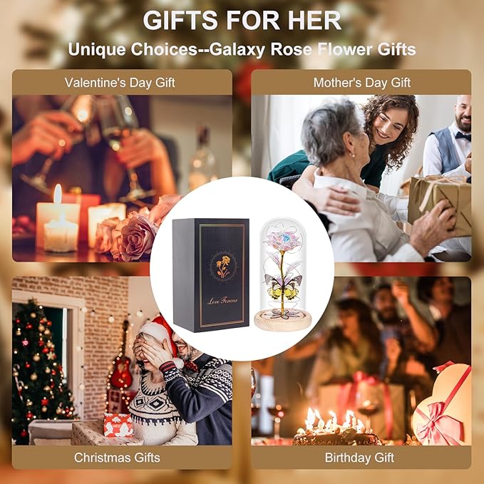 Beferr Christmas Rose Gifts for Women Mom Birthday Gifts, Galaxy Glass Rose Forever Preserved Flowers for Delivery Prime Light Up Rose in Glass Dome with Butterfly Xmas Gifts for Grandma Her Wife