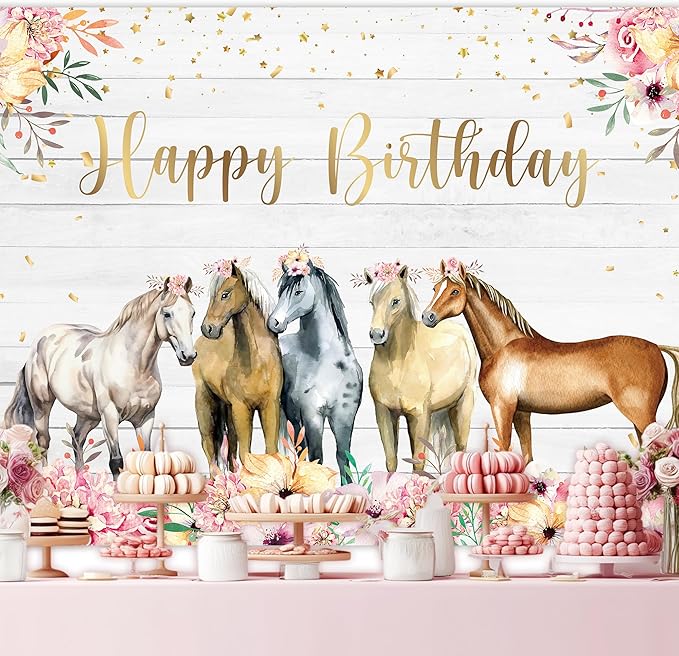 Riyidecor Horse Happy Birthday Backdrop for Girls Women 7Wx5H Feet Polyester Fabric Rustic Western Cowgirl Watercolor Florals Photography Background Wooden Table Decor Banner Studio Photo Shoot