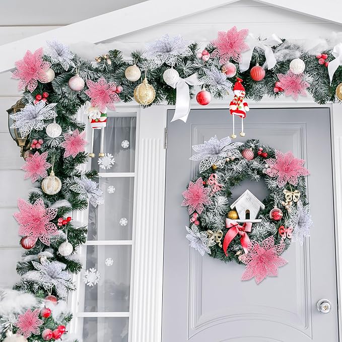 Boao Pink,Silver 24 Pieces Poinsettia Flower Christmas Glitter Artificial Poinsettia with Clips Christmas Tree Ornament Decorations for DIY Xmas Wreath Holiday Home Party Decor, 3/4/6 Inches