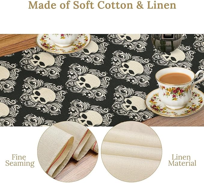 Gothic Table Runner,Dark Skull Pattern Table Runner for Home Kitchen Table Dining Garden Farmhouse Wedding Party Deco 13x120 Inch