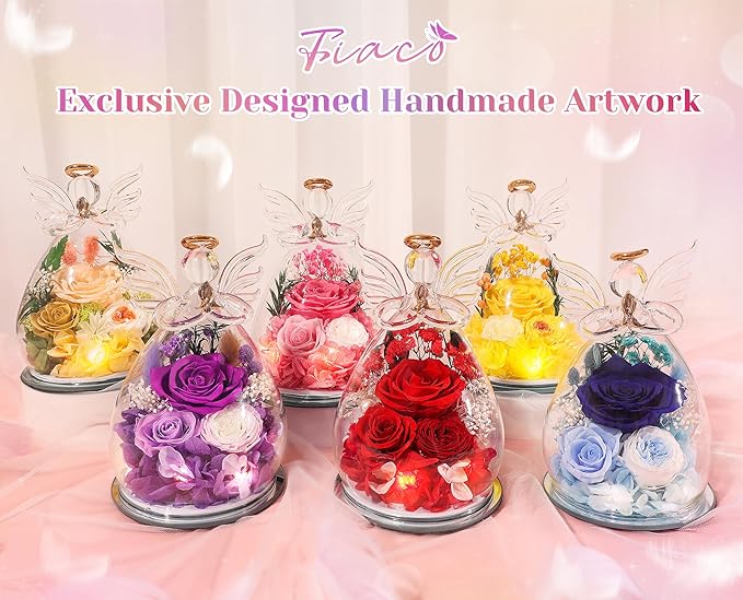 FIACO Gifts for Women Birthday Preserved Rose Forever Flower in Glass Angel Figurines Fresh Flowers for Delivery Prime for Mom Real Roses for Grandma Sister Wife Her from Daughter
