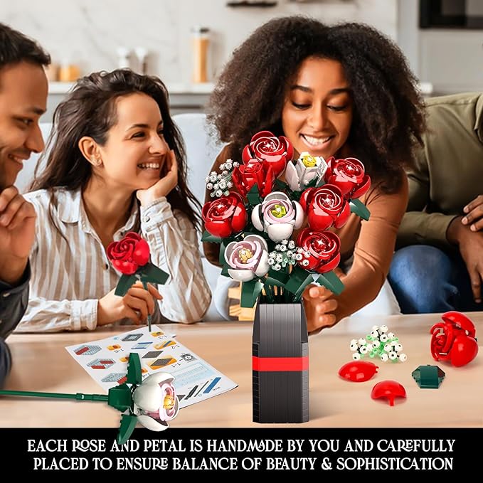 Rose Flower Bouquet Building Kit Gifts for Adults, Kids, Roses Bouquet Building Set, 841PCS Red Roses Artificial Flowers with Vase, Rose Unique DIY Gifts for Women, Anniversaries