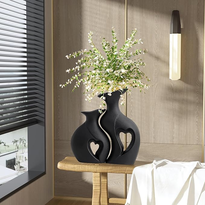 Black Ceramic Vase Set of 2,Filled with Love,Modern Minimalist Bohemian Vases Home Decor，Heart Shape Matte Ceramic Vases for Dinner Table Bookshelf Modern Home Console
