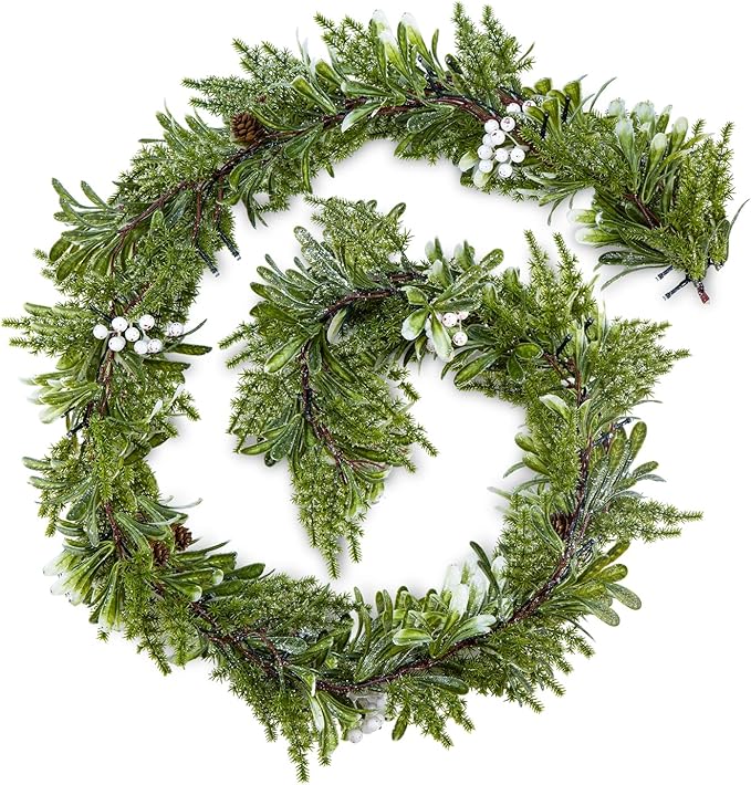 6FT Christmas Garland – Artificial Greenery Olive Garland with White Berries, Pinecones & 20 Warm LED Timer Lights – Holiday Garland for Home, Wedding, Party Decorations