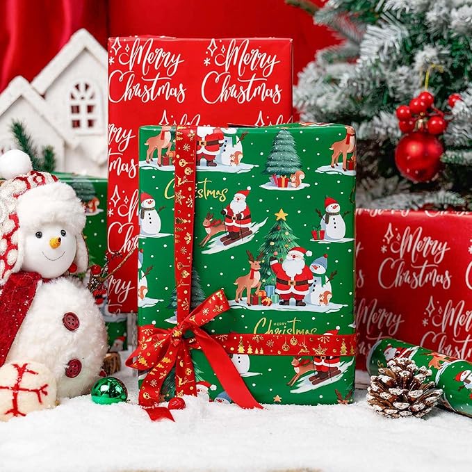 MAYPLUSS Christmas Wrapping Paper Roll - 17IN X 33FT - Green Santa Gift Wrapping Paper Featuring Christmas Tree Santa Claus Snowman Reindeer Reversible Red for Kids, Holiday, New Year