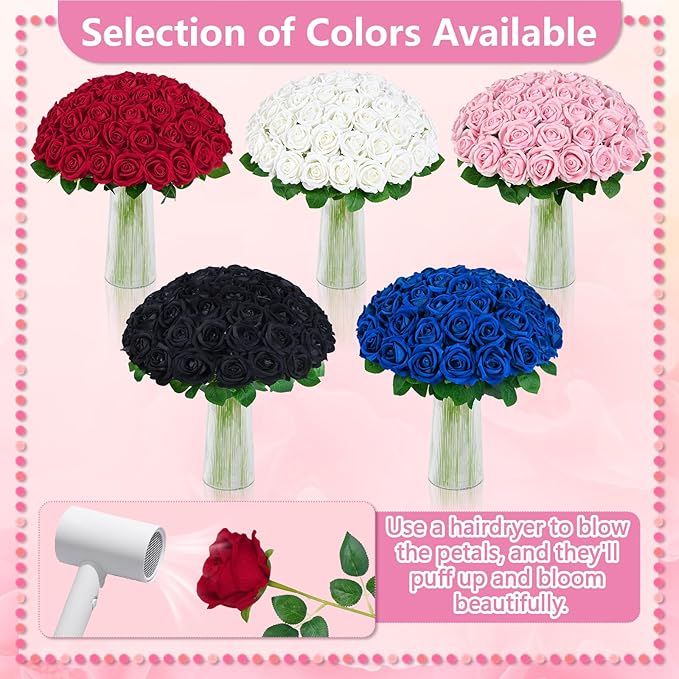 BLEUM CADE 50 Pcs Pink Roses Artificial Flowers, Real Touch Velvet Roses Fake Flowers Bulk, Artificial Roses Bouquet with Long Stems Bridal DIY Wedding Party Centerpiece Decorations