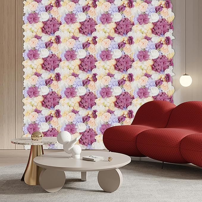 16Pcs Artificial Flower Wall Panel 3D Floral Backdrop Walls13.7 X 13.7" Purple Flower Wall Decor Panel Flower Backdrop for Party Home Background Decor